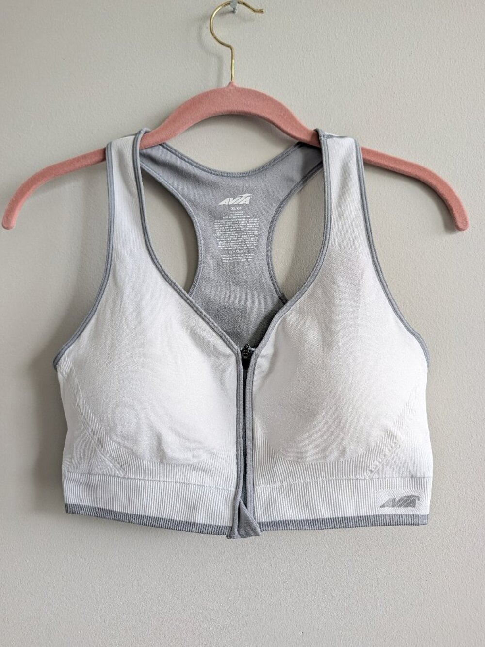 Avia Sports Bra Womens XL Front Zip Racerback Seamless AV18191 White Gray